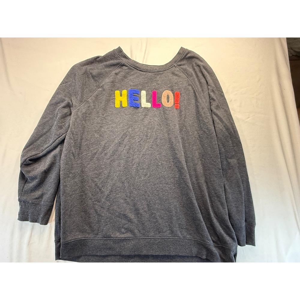 Old Navy Womens XXL Sweatshirt Gray Hello Chenille Graphic Pullover Raglan